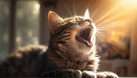 Cute tabby cat yawning on window sill, closeupの素材