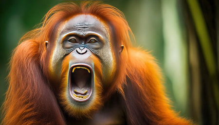 Portrait of a wild orangutan in a zoo with open mouthの素材