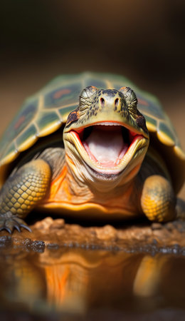 Close up of a tortoise with open mouth in the mud.の素材