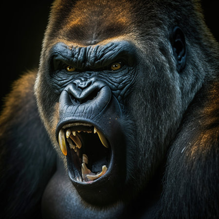 Portrait of an angry gorilla with open mouth and sharp teeth.の素材