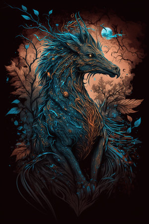 Fantasy illustration of a wolf in the forest with moon and starsの素材