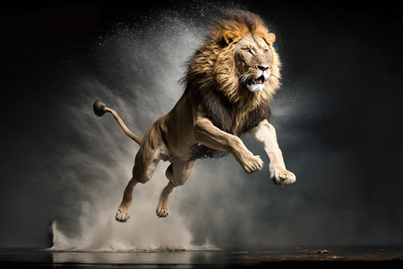Big male lion jumping in dust on black studio background. Mixed mediaの素材