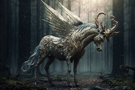 Mythical Horse Unicorn in the dark forest with golden wings. 3d renderingの素材