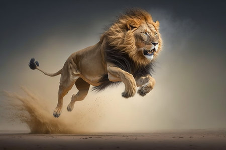 Big male lion running in the sand - 3d render illustration.の素材