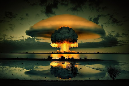 Big explosion of nuclear bomb at night with reflection on the water.の素材