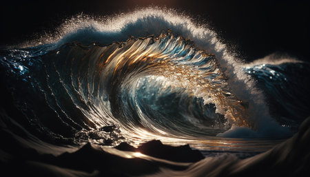 Surf wave in ocean at night. 3D Rendering.の素材
