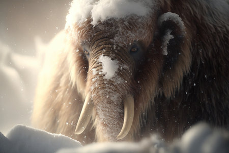 Big male woolly mammoth in the snow, close-up.の素材
