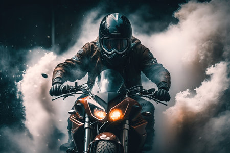 Racing motorcycle rider in helmet and leather jacket on the road.の素材