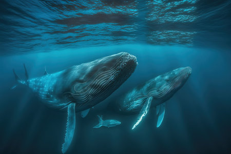 Whales in deep blue water. Underwater scene. 3D Renderingの素材