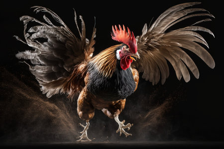 Beautiful rooster isolated on black background, studio shot with lightの素材