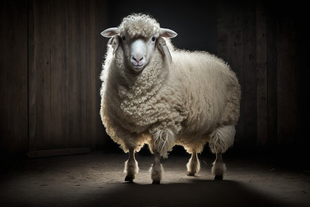 Sheep in a barn on a dark background. Animal portrait.の素材