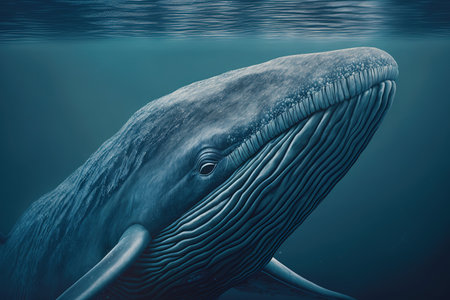 Whale swimming underwater in the deep blue sea. Close-up.の素材