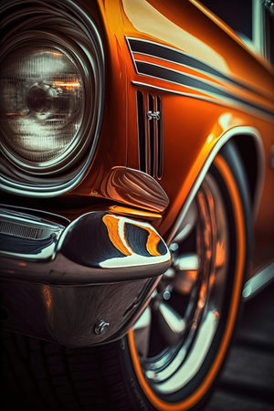 Close up of an orange vintage car. Shallow depth of field.の素材