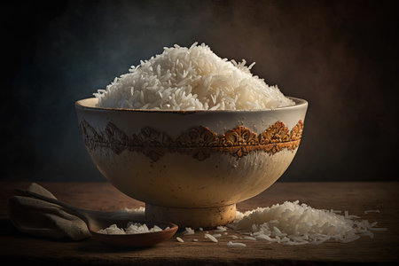 Rice in a bowl on a wooden background. Selective focus.の素材