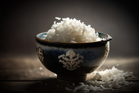 Rice in a bowl on a wooden table. Selective focus.の素材