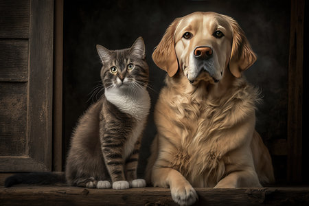 Golden Retriever dog and tabby cat sitting in front of window.の素材