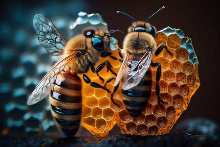 Honey bee and honeycombs on dark background, closeupの素材