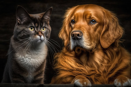 Cat and dog together on a dark background. Studio shot. Toned.の素材
