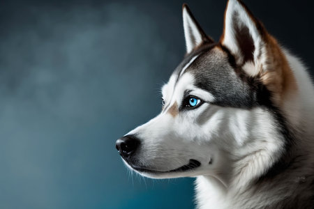 Portrait of a siberian husky on a blue backgroundの素材