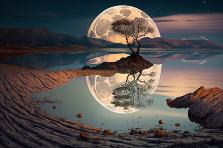 Fantasy landscape with a tree on the hill and a full moonの素材