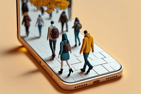 Smartphone with people walking on the street. 3d illustration.の素材