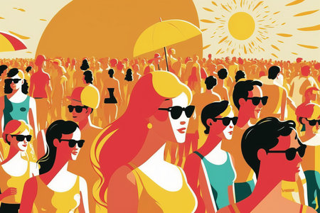 Vector illustration of a crowd of people with umbrellas and sunの素材