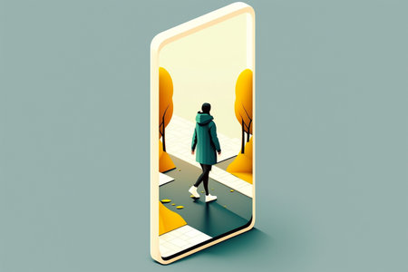 Woman walking in front of the smartphone screen. 3d illustration.の素材