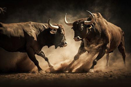 Fighting bull with big horns in a spanish bullfight. Black backgroundの素材