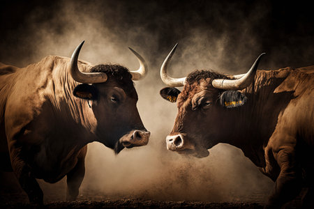 Bull fight in the arena. Fighting bull with big horns on dark backgroundの素材