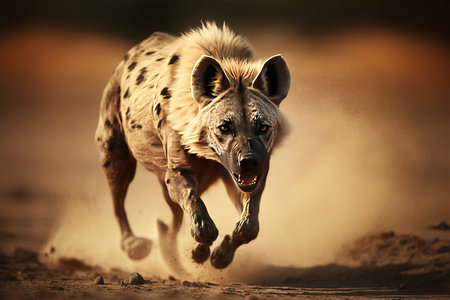 Spotted hyena running in dust, Kruger National Park, South Africaの素材