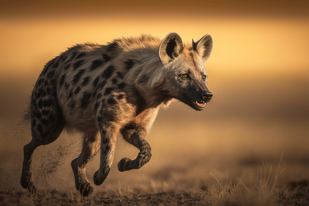 Spotted hyena (Crocuta crocuta) running in the sunsetの素材