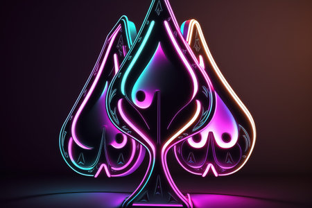 3d rendering of playing card suits in neon light on dark backgroundの素材