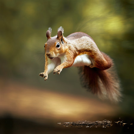 Eurasian red squirrel (Sciurus vulgaris) in flightの素材