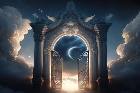 Mystical portal entrance with open door to heaven. 3D renderingの素材