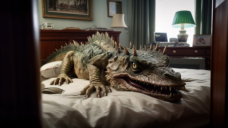 Crocodile on the bed in a hotel room with a windowの素材