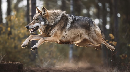 Grey wolf (Canis lupus) jumping in the forestの素材
