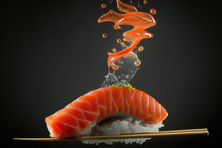 Sushi with flying salmon on a black background. 3d renderingの素材