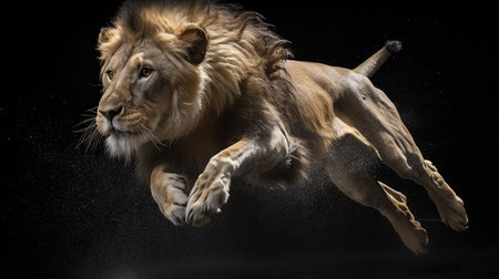 Big male lion jumping in water, studio shot, isolated on black backgroundの素材