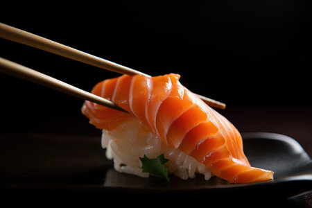Salmon Sushi with chopsticks on black background, Japanese foodの素材