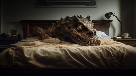 Dinosaur head on the bed in the bedroom. Halloween concept.の素材