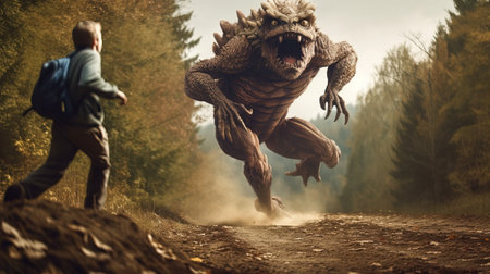 Funny monster running on a dirt road in the forest, 3d illustrationの素材