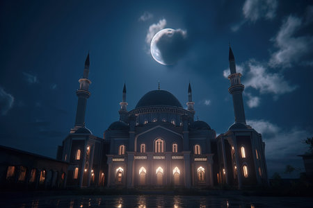 Mosque at night with moon in the sky, Ramadan Kareemの素材
