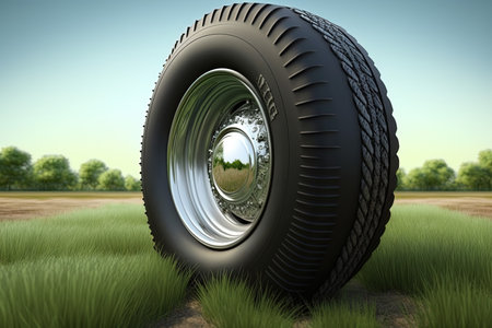 3d rendering of a tyre on a grassy field in summerの素材