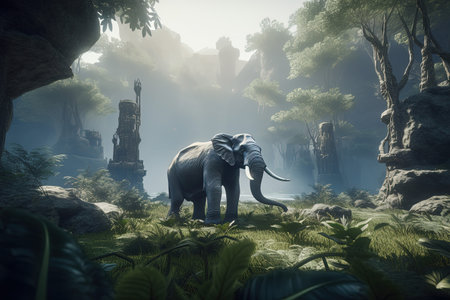 Elephant in the jungle. 3D rendering. Fantasy world.の素材