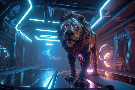 3d rendering of a lion in a futuristic space station with neon lightsの素材