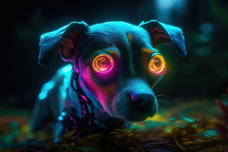 Jack russell terrier portrait in the dark with colorful lightsの素材