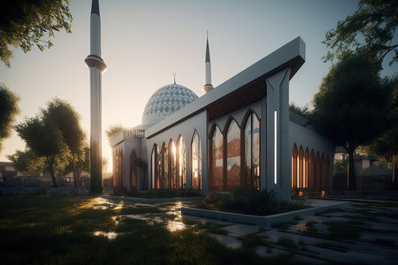 3d rendering of a mosque with a beautiful sunset in the backgroundの素材