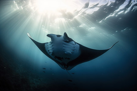 Manta ray in the deep blue ocean. Underwater photography.の素材