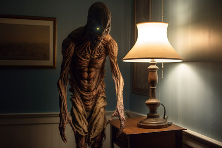 Mannequin in the interior of an old room with a lampの素材