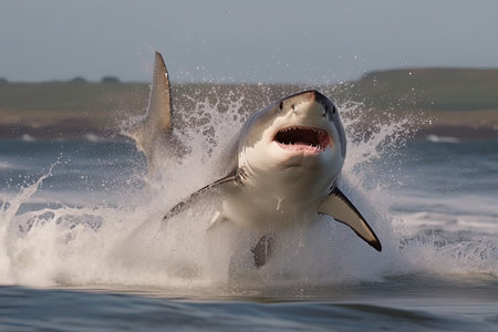 Great White Shark (Carcharodon carcharias) coming out of the oceanの素材